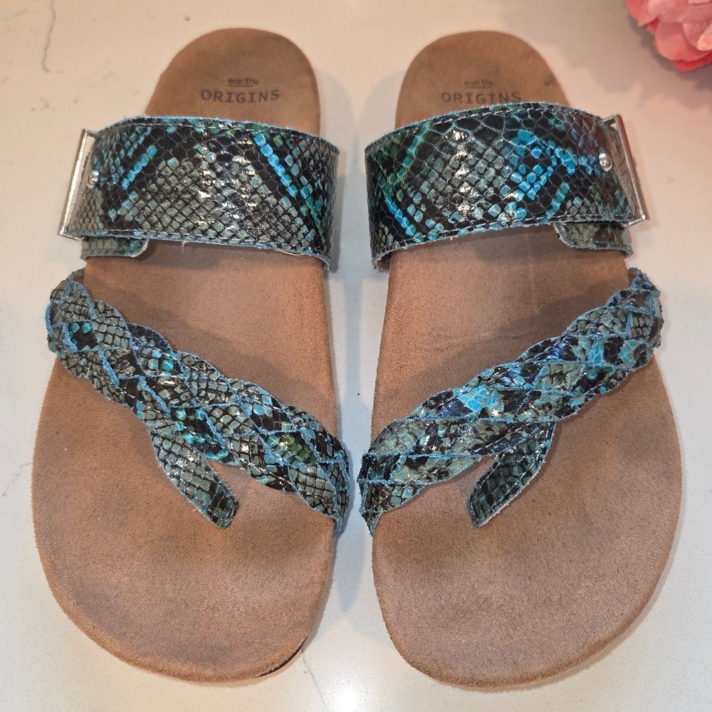 Earth Origins Onida Wide Teal Snake Print Comfort Toe-post Sandals Women‎ 8.5 W